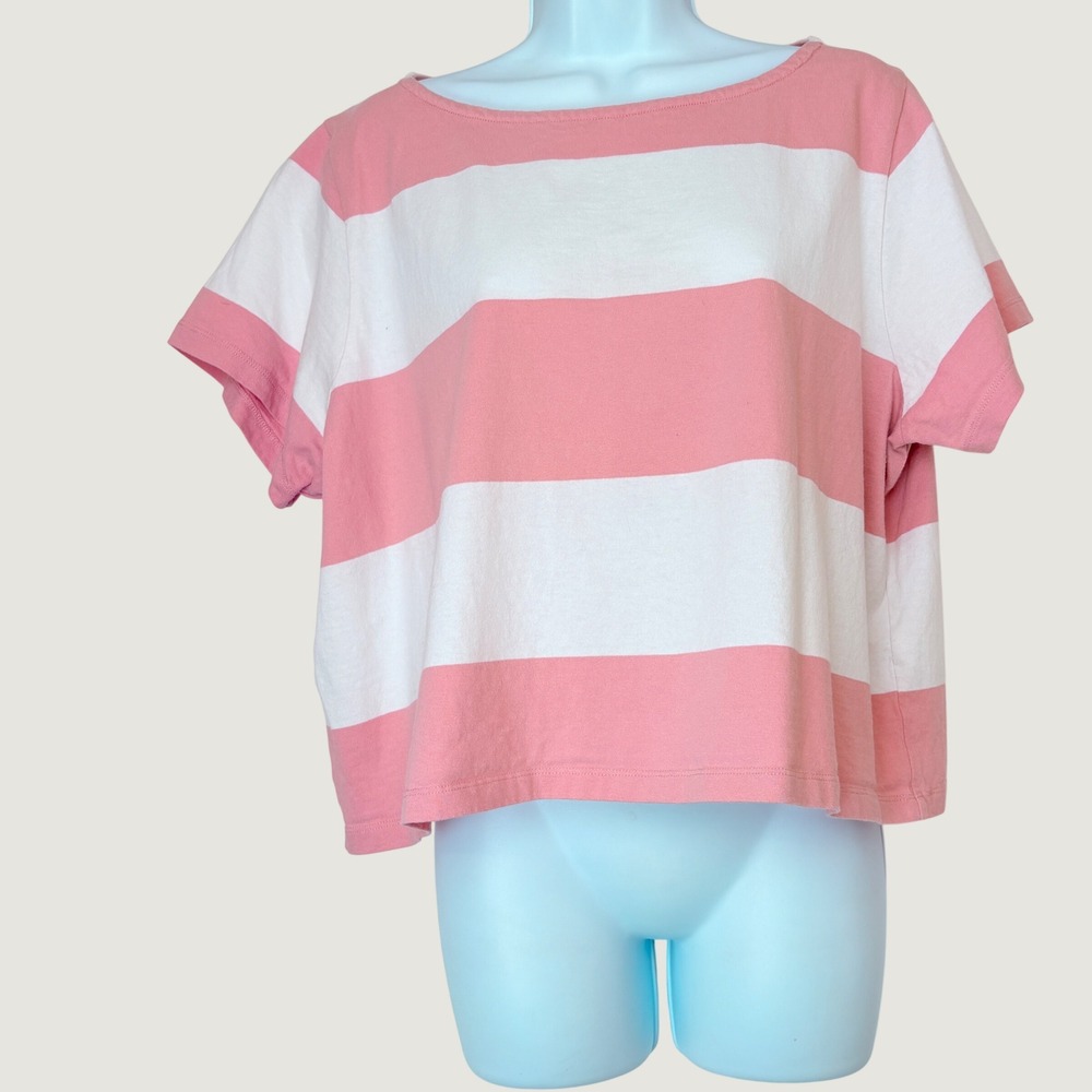 Madewell Womens XL T-Shirt Pink White Striped Boxy Cropped Cotton Short Sleeve